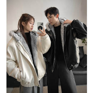 宅男社冬装新款男士荔枝皮狼座山雕棉服全毛连帽加厚夹克外套情侣
