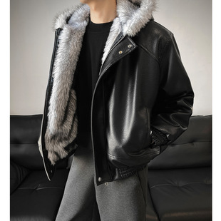 宅男社冬装新款情侣荔枝皮狼座山雕棉服全毛连帽加厚夹克外套男