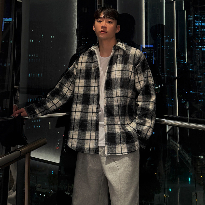 宅男社日系复古格子长袖衬衫男冬季加厚保暖衬衣外套韩系通勤穿搭