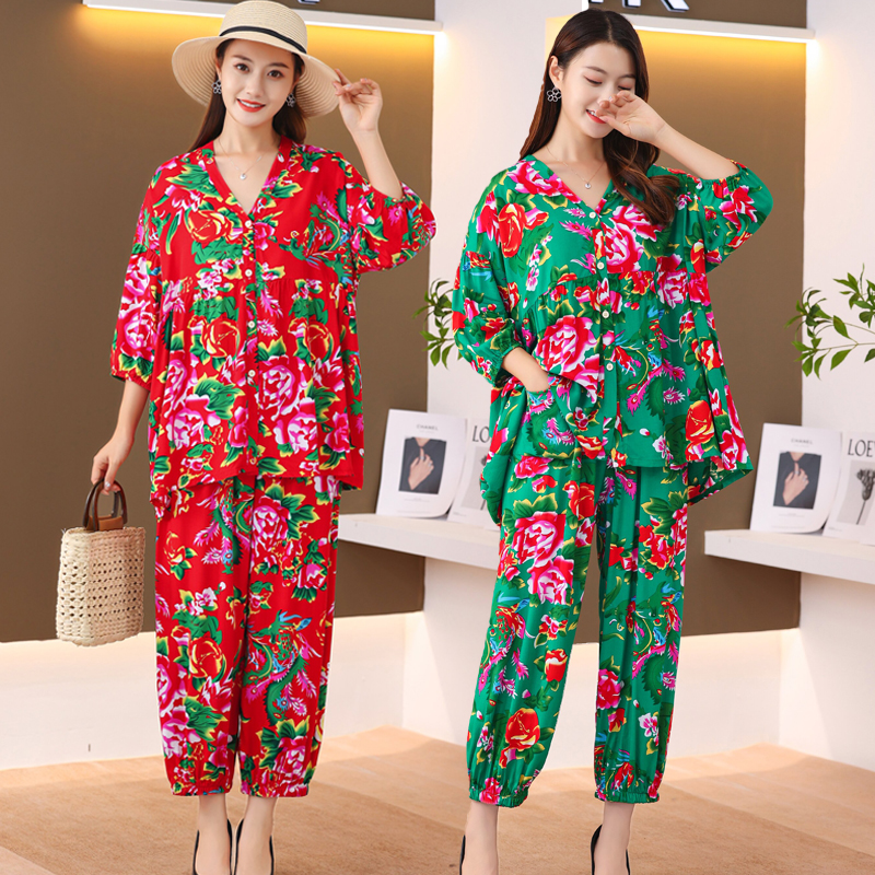 东北大花布套装灯笼袖开衫睡衣女绵绸复古宽松家居服空调服可外穿