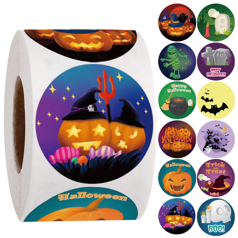 500张/卷万圣节主题贴纸南瓜蜘蛛骷髅圆脸贴万圣节派对庆祝装饰