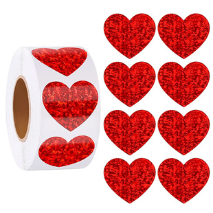 500张/卷红色心形全息镭射贴纸防水反光自粘标签鲜花礼物包装装饰