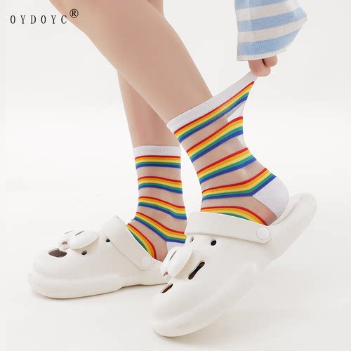 OYDOYC 夏季超薄款条纹彩虹袜女生夏天玻璃丝中筒袜ins潮袜长袜