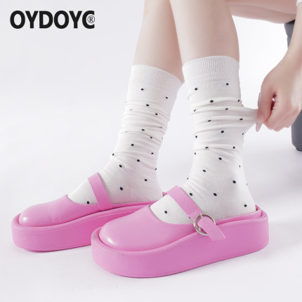 OYDOYC 夏薄款小波点堆堆袜女白色小腿袜ins纯棉日系外穿高筒长袜