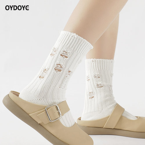 OYDOYC秋冬厚款粗线破洞乞丐袜个性百搭白色中筒袜女纯棉长袜潮袜