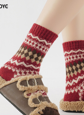 OYDOYC冬季加厚保暖红色中筒袜女费尔岛红袜雪花圣诞袜过年新年袜