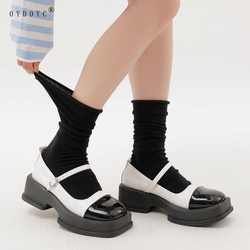 OYDOYC 纯黑色高筒长筒长袜女士薄款棉袜堆积堆堆袜日系jk月子袜