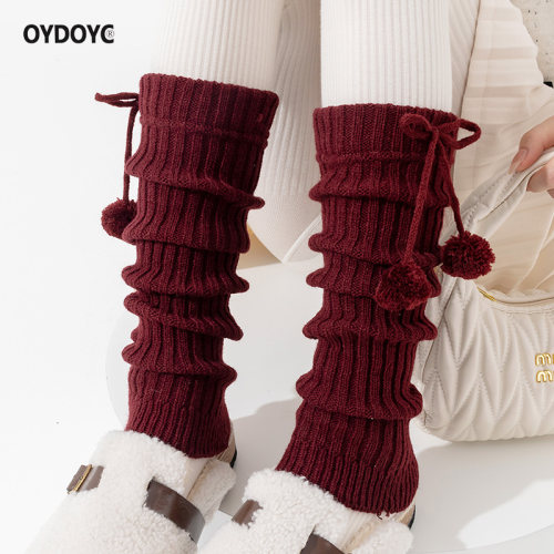 OYDOYC 秋冬季加厚保暖红色袜套少女毛球洛丽塔堆堆袜长筒小腿袜