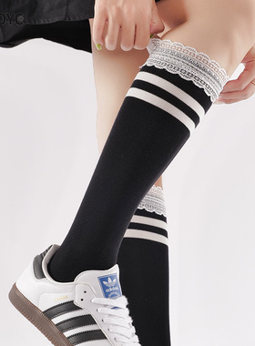 OYDOYC 蕾丝花边条纹小腿袜女款纯棉高筒长袜秋冬jk日系黑色长袜