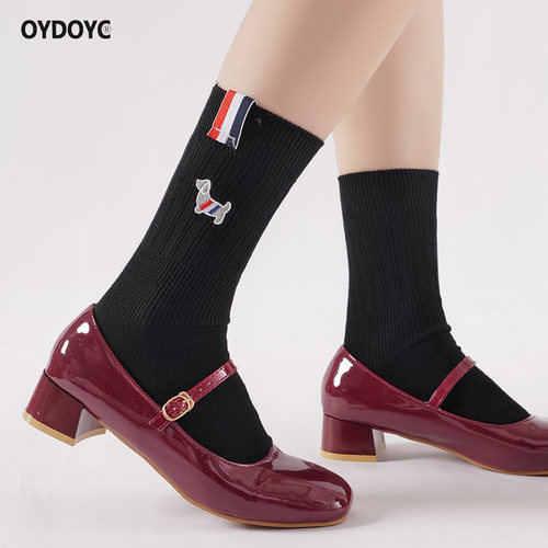 OYDOYC 原创设计款小狗刺绣布标中筒袜女秋冬季日系纯棉ins长袜潮