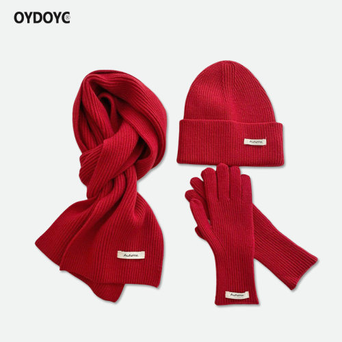 OYDOYC冬季保暖毛线围巾帽子手套三件套新年本命年圣诞节红色围脖
