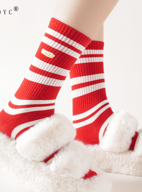 OYDOYC 本命年红色袜子女刺绣蛇年中筒红袜秋冬可爱条纹新年长袜