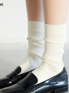 OYDOYC 双针白色堆堆袜长袜女日系简约百搭长筒袜中筒袜小腿棉袜