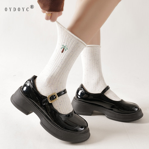 白色卷边袜子女日系中筒长袜