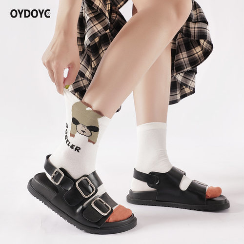 OYDOYC无骨缝头卡通可爱纯棉中筒袜秋冬女款原创设计熊猫文艺潮袜