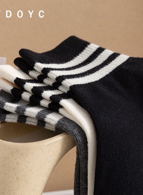 OYDOYC三杠条纹中帮潮袜女精梳棉街头潮流三杠黑色米白小众中筒袜