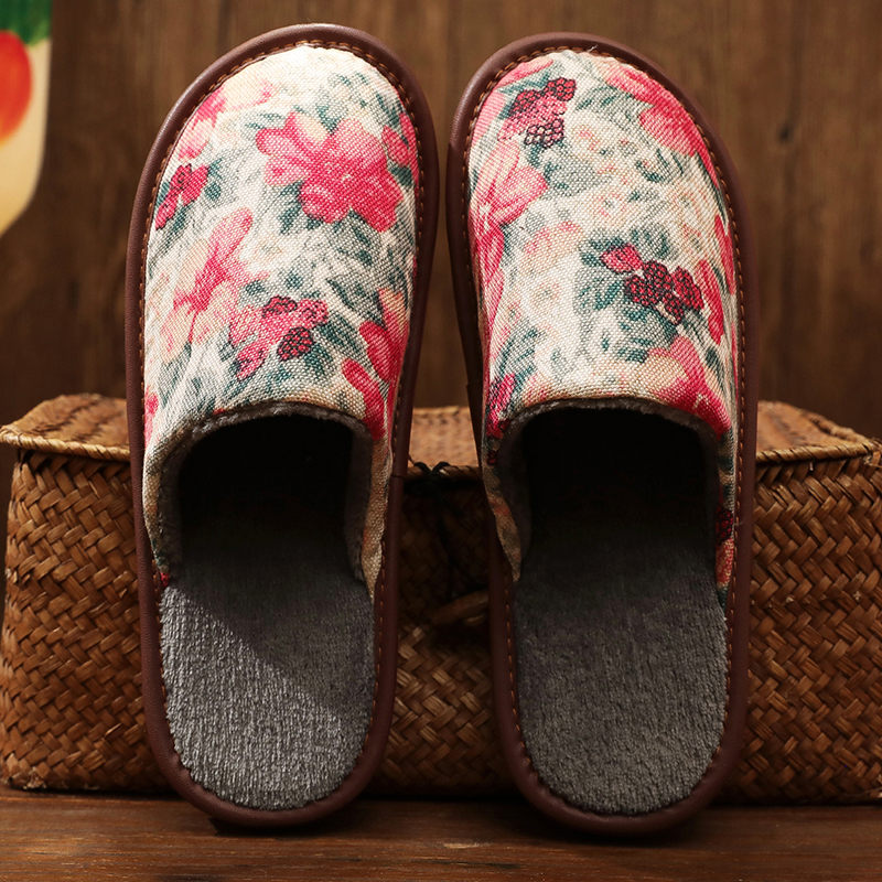 秋冬保暖防滑墨花居家棉拖鞋