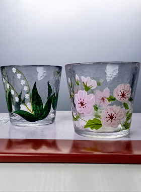 小清新日式锤纹清酒杯手绘铃兰洋牡丹水晶玻璃水杯茶杯威士忌杯