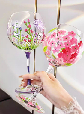 中古风手工手绘花朵水晶玻璃杯高脚杯薰衣草桃花红酒杯葡萄酒杯子