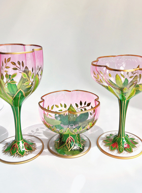 中古杯香槟杯水晶玻璃手绘冰激凌碗vintage奥地利复古高脚红酒杯