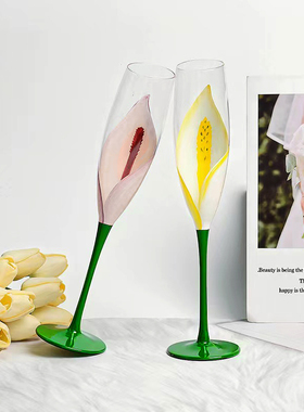 vintage中古香槟杯高脚杯水晶玻璃手绘花朵斜口少女甜酒杯郁金香