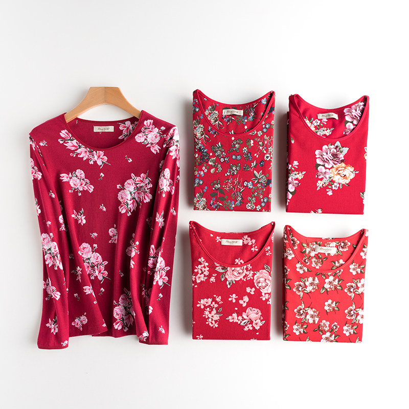 意大莱中老年女士加肥加大码纯棉内衣套装秋衣秋裤大红本命年保暖