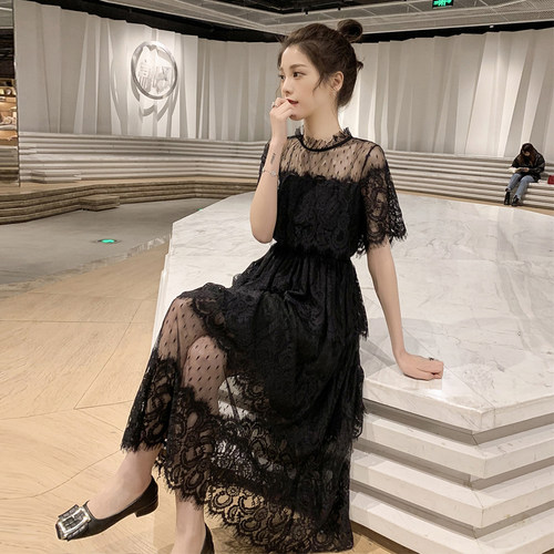 2026新款夏季网纱收腰显瘦中长款蕾丝连衣裙chic温柔超仙女裙子女