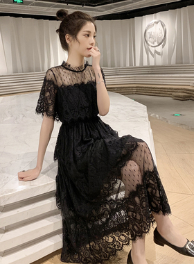 夏季2025新款网纱拼接收腰中长款蕾丝短袖连衣裙女温柔chic仙女裙
