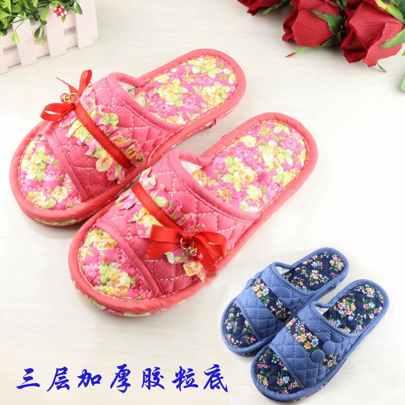 三层加厚胶粒底布艺布底拖鞋情侣居家室内木地板男女士可机洗