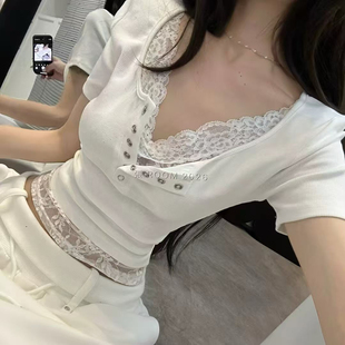 十三行2026春季新款蕾丝拼接假两件短袖T恤女修身显瘦打底衫上衣