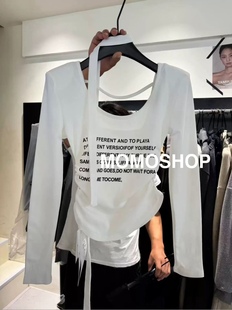 上衣女带飘带 设计感字母印花圆领长袖 2025秋冬磨毛绒新款 韩版