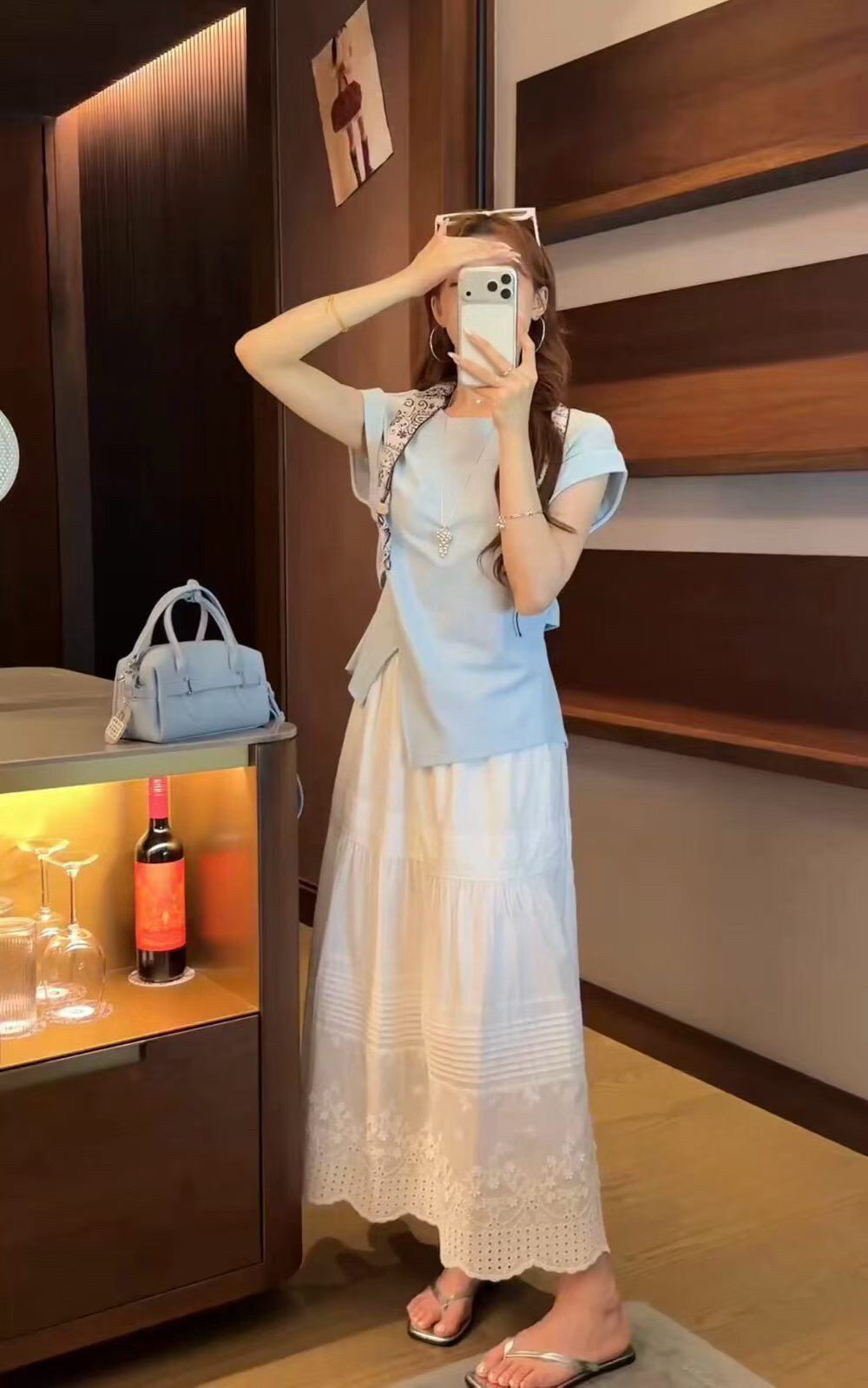 韩系简约腰身设计不规则小衫(配丝巾)女夏季圆领纯色套头短袖上衣