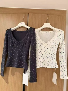 2026春季新款韩版时尚百搭显瘦V领蕾丝拼接碎花长袖T恤上衣女