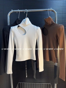 2025韩版秋冬新款洋气显瘦挖空设计感高领T恤磨毛打底衫辣妹上衣