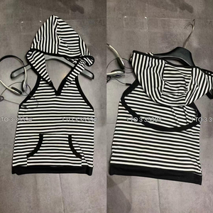 十三行黑白条纹连帽露背挂脖背心女夏季小众设计感修身显瘦上衣