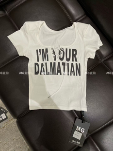 2026美式复古字母印花短袖T恤女U领绑带辣妹修身显瘦百搭上衣