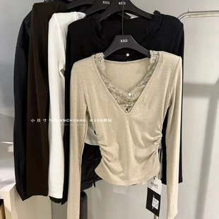 十三行2026春季新款韩版时尚百搭显瘦V领蕾丝拼接长袖T恤上衣女