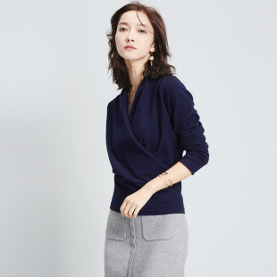 收腰围巾领和服交叉v女套头显瘦OL针织衫 纯棉针织衫 长袖