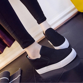 340码 春秋帆布鞋 一脚蹬小白鞋 坡跟套脚休闲鞋 女内增高懒人乐福鞋