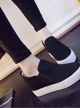 春秋帆布鞋女内增高懒人乐福鞋坡跟套脚休闲鞋一脚蹬小白鞋340码