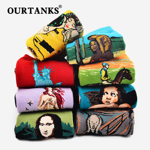 袜子男中筒袜棉袜日系复古油画潮长筒袜秋季韩版街头运动吸汗