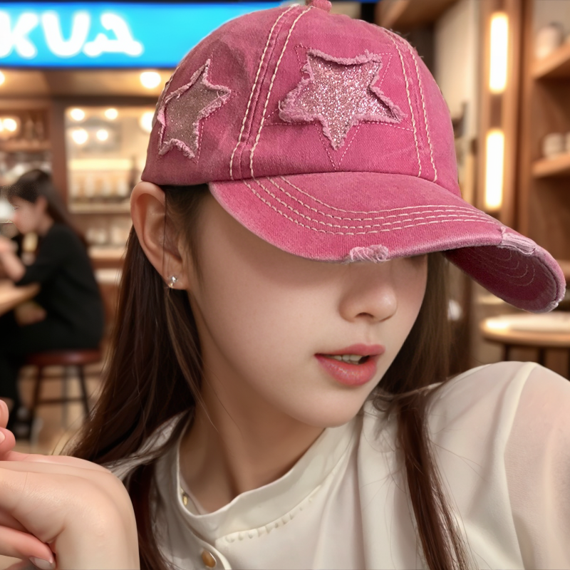 纯棉水洗马尾破洞五角星