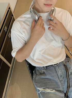 美式复古短袖夏季男款白色T恤衫潮牌潮流简约小高领T恤男圆领