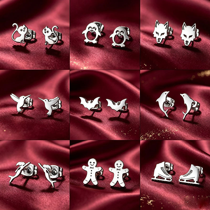 韩版不锈钢小耳钉动物猫咪海豚冬季雪人新款圣诞主题蝙蝠企鹅耳饰