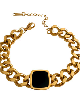 现货欧美个性夸张钛钢手链女小众百搭黑色方块钛钢链条高级感