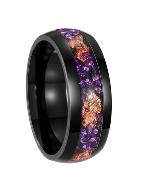 亚马逊新款男士饰品镶嵌紫水晶加金箔黑色不掉色精品钛钢戒指