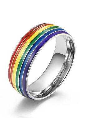 厂家供应亚马逊彩虹元素钛钢戒指滴胶指环小众个性不锈钢饰品