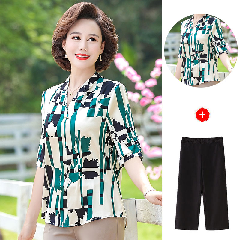 中年妈妈装夏装新款中袖上衣裤子两件套中老年女装夏季几何图套装