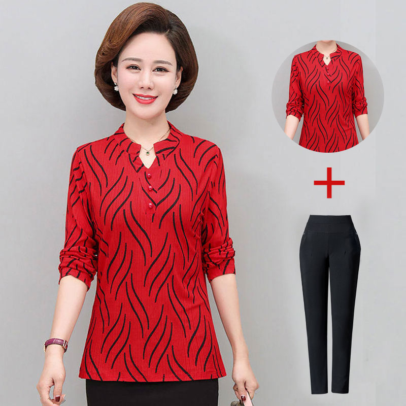 中老年女装春秋T恤中年女士妈妈装秋装时尚打底衫裤子两件套装