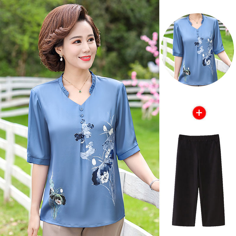 中老年女装夏装新款两件套上衣裤子中年女士妈妈装气质中袖套装